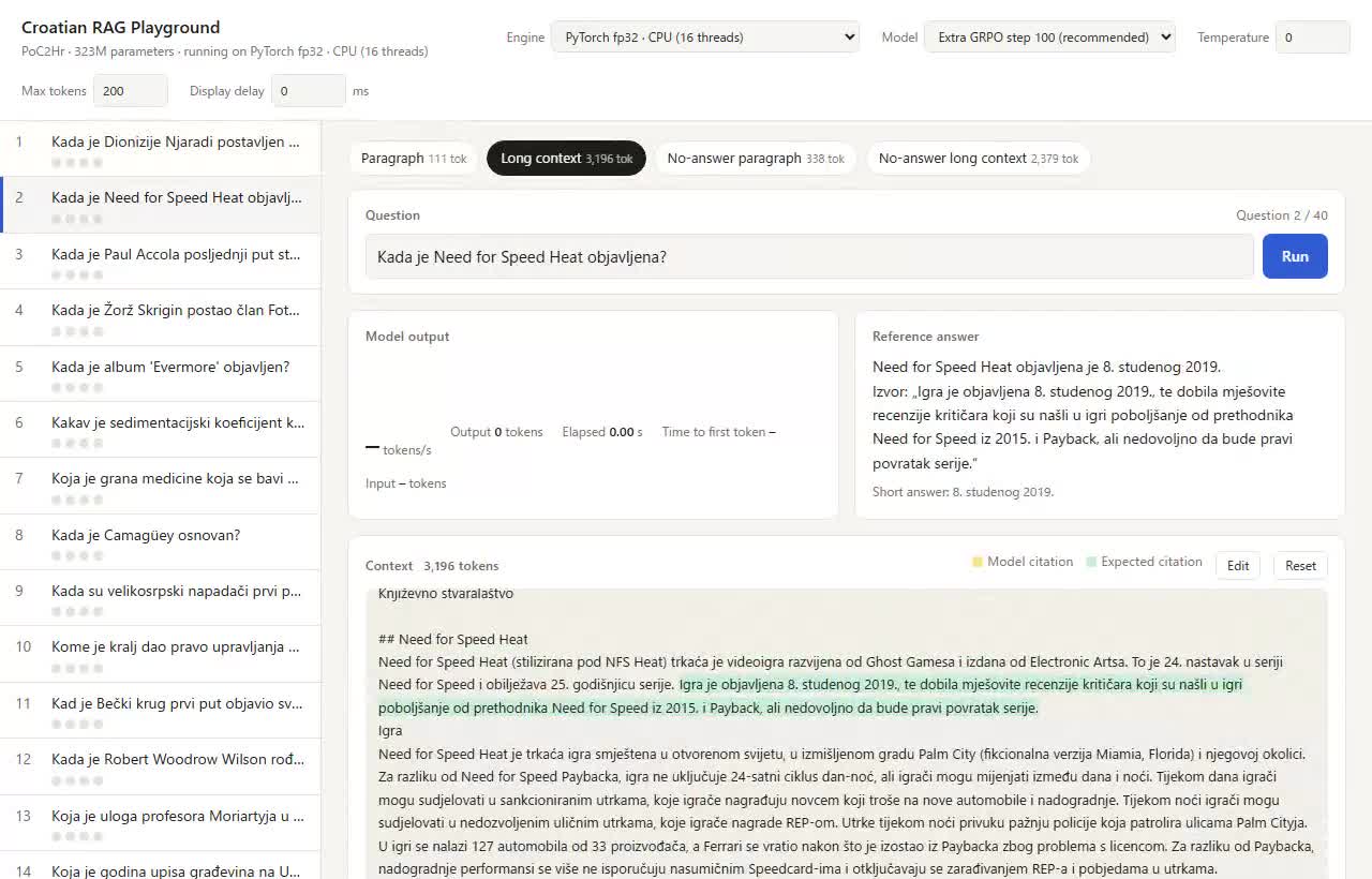 PyTorch fp32 を CPU で動かして長文脈の質問に答えさせた様子