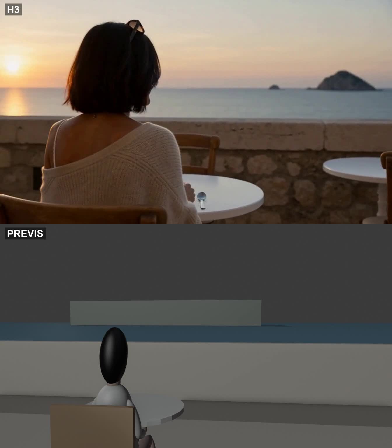 海辺のカフェ：上がAI生成、下がプレビズ