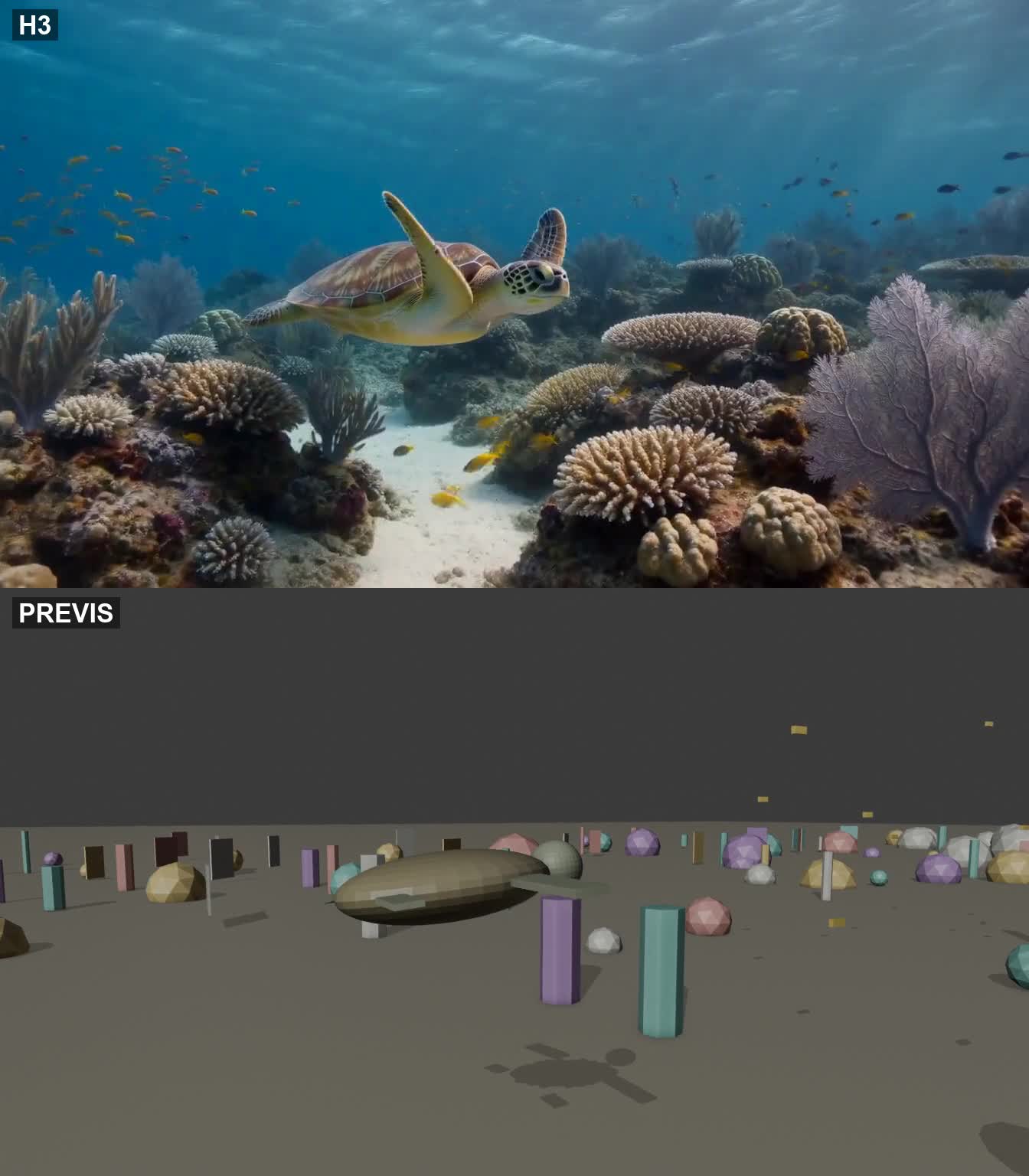 海中のウミガメ：上がAI生成、下がプレビズ